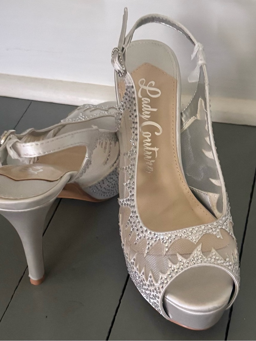 New Lady Couture EU 39 Silver Embellished Mesh Slingback High Heel